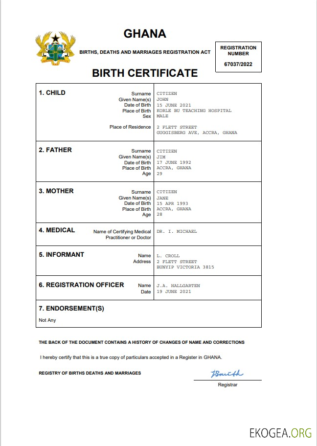 Modèle Word et PDF d'acte de naissance de l'état civil du Ghana